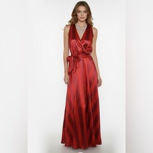 NWOT CBR Stripy Red Burgundy Halter Neck Satin Maxi Dress Size Large